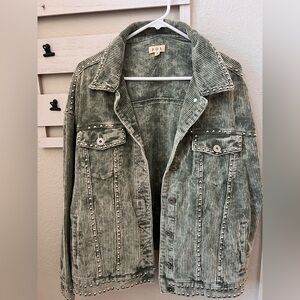 POL Olive Striped Corduroy Jean Jacket
